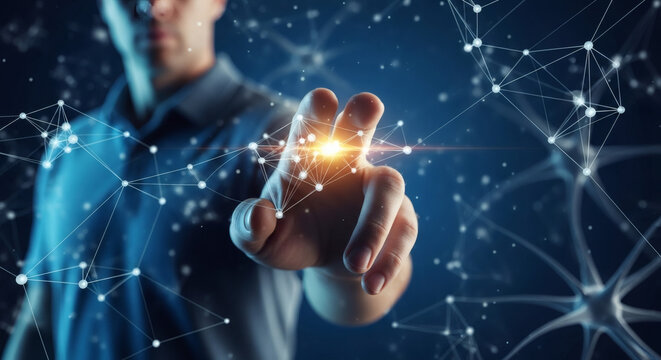 Man touching virtual digital network interface, artificial intelligence concept