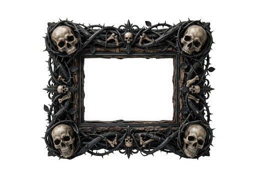 Gothic picture frame decorated with skulls, bones, and thorny vines isolated on transparent background