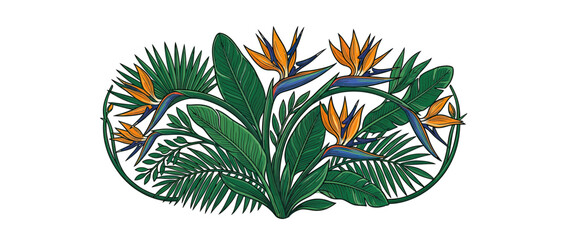 Exotic Bird Flowers and Tropical Leaves Illustration © jami
