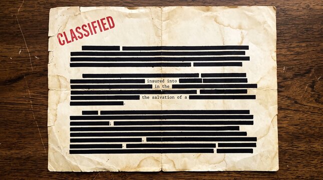 Classified document with censored redacted information on wooden surface