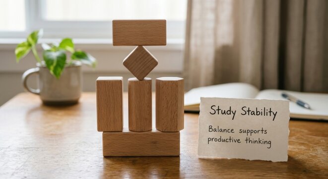 Wooden blocks in balanced arrangement on table with study note