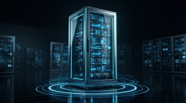 Modern high-tech server racks standing in a dark futuristic setting with glowing digital effects.