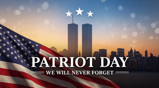 Patriot Day Commemoration Image featuring the American Flag and the NYC Skyline silhouette honoring the victims of the September 11 attacks with the text We Will Never Forget