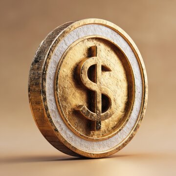 Vintage gold dollar coin close-up, 3D currency token with embossed $ symbol, finance and investment concept on beige background
