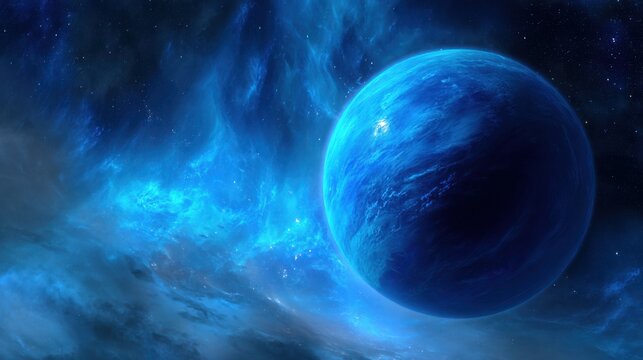 Blue planet in deep space, cosmic nebula cloudscape and starfield, sci-fi astronomy background for wallpaper and design