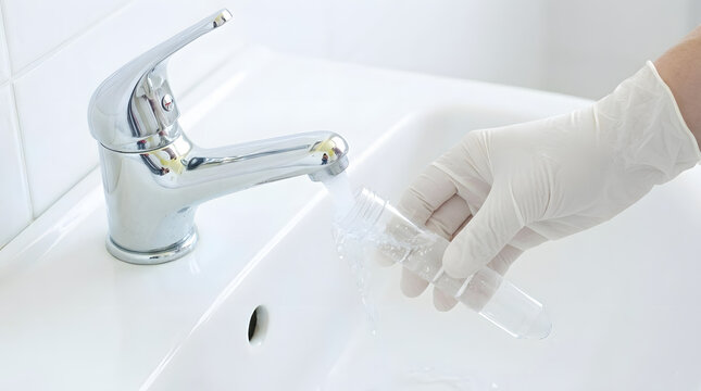 Gloved Hand Collecting Tap Water Sample in Test Tube | Close Up of Water Quality Inspector Taking Tap Water Sample | Technician Testing Drinking Water Quality from Bathroom Faucet