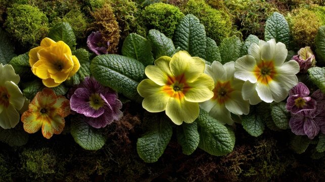 Moody woodland still life, primrose flowers in yellow and purple on green moss, dark botanical background for nature design