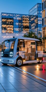 Autonomous electric delivery van parked at night in a business district with side door open, stacked cardboard packages visible inside the cargo area, copy space for text