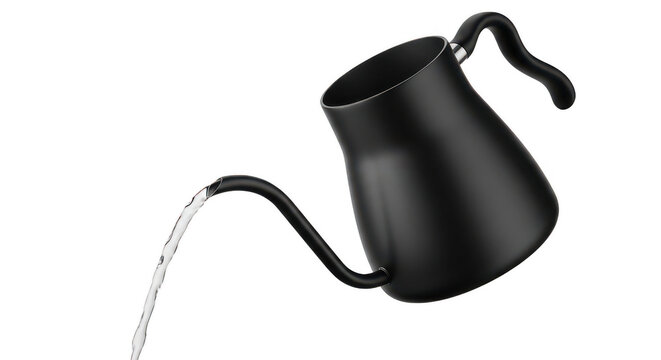 Black gooseneck kettle pouring hot water isolated on transparent background design.