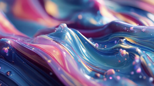 Abstract fluid wave background, glossy iridescent liquid texture in pink blue purple, futuristic 3D macro wallpaper design