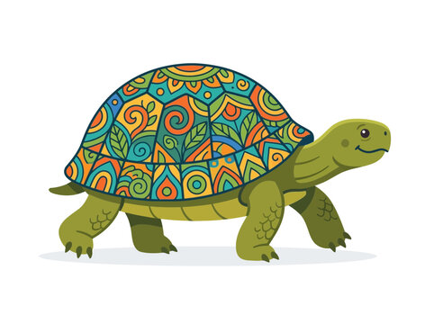 Colorful Cartoon Turtle Walking Sideways View.
