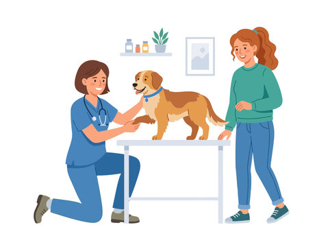 Veterinarian Examining Dog With Child Watching.