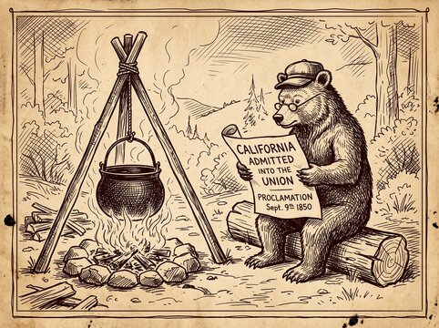A whimsical, sepia-toned vintage-style illustration of a bear wearing glasses and a cap, sitting on a log and reading a newspaper titled California Admitted into the Union near a campfire.