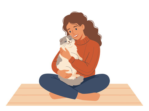 Woman Sitting Cross Legged Holding Fluffy White Cat.