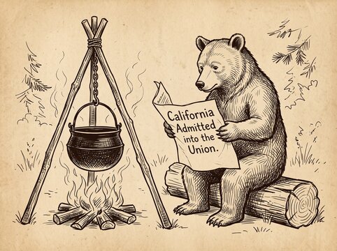 A vintage-style illustration of a grizzly bear sitting on a log by a campfire, reading a newspaper with the headline California Admitted into the Union, symbolizing statehood history.