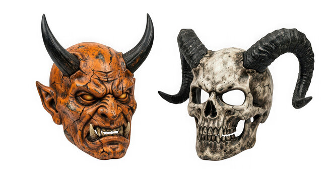 Two scary devil and skull masks with horns isolated on transparent background