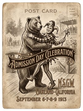 Vintage 1913 Admission Day Celebration postcard featuring a whimsical illustration of a jester dancing with a large grizzly bear in Oakland, California, with sepia-toned antique aesthetic.