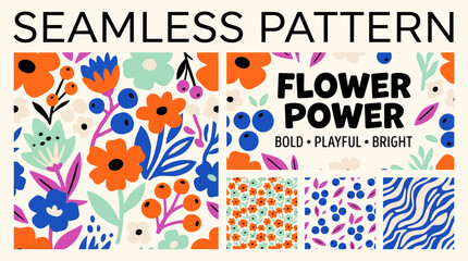 Obraz premium Flower Power seamless pattern collection, bold floral vector set, bright playful botanical backgrounds for textile design