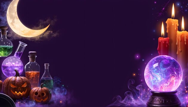 Mystical Halloween Banner with Crystal Ball and Magic Potions