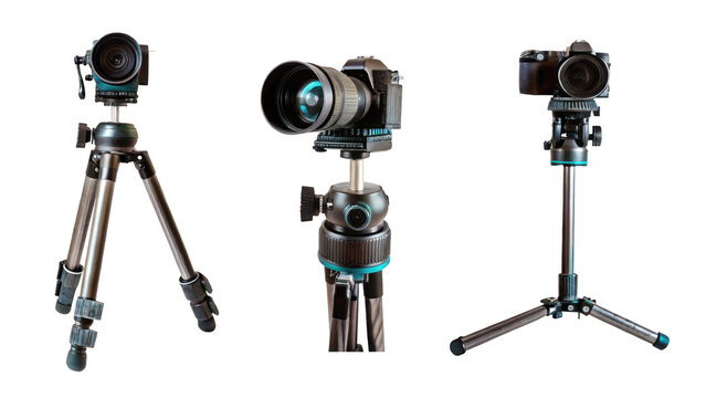 Set of three camera tripods with adjustable heads isolated on white background p n g a i generated tripod stand
