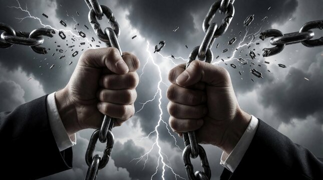 Two hands in suits rip apart heavy metal chains against a dramatic stormy sky with lightning. Broken links explode outwards symbolizing freedom and power overcoming great obstacles.