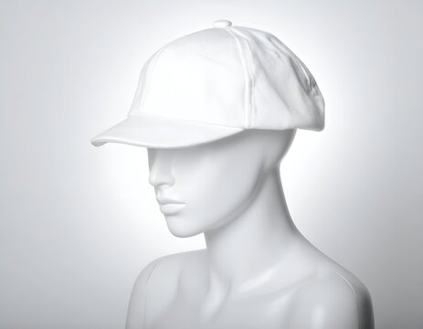 Mannequin wearing white baseball cap profile.