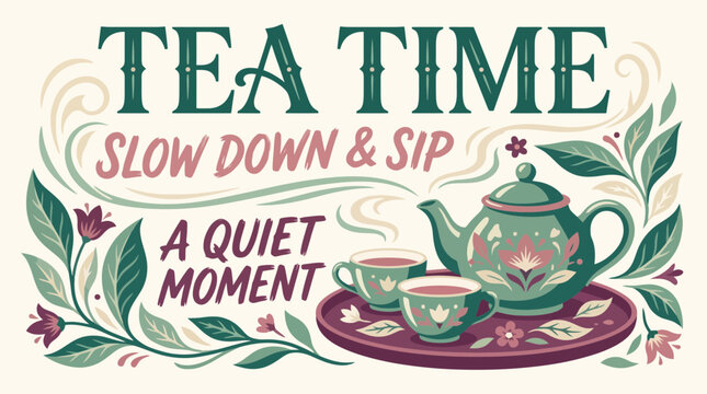 Vintage tea time vector illustration, slow down and sip quote, quiet moment floral teapot and cups, elegant cafe poster art