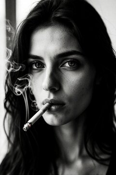 Young brunette woman poses for photo with cigarette in mouth. Smoke curls around her face, she has dark hair and makeup. She looks directly at camera.
