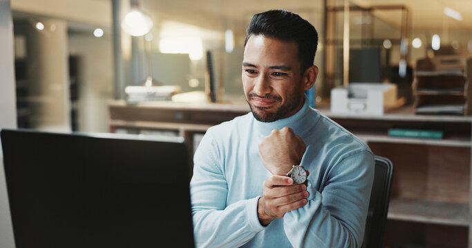 Laptop, wrist pain and business man with carpal tunnel, discomfort or burnout in office. Male person, accounting and tech for financial planning with hand strain injury, ergonomics or tendinitis