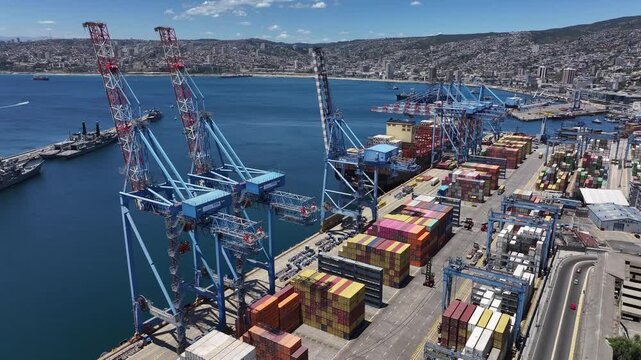 Aerial view of container terminal operations at the Valpara&iacute;so Port in Chile, South America