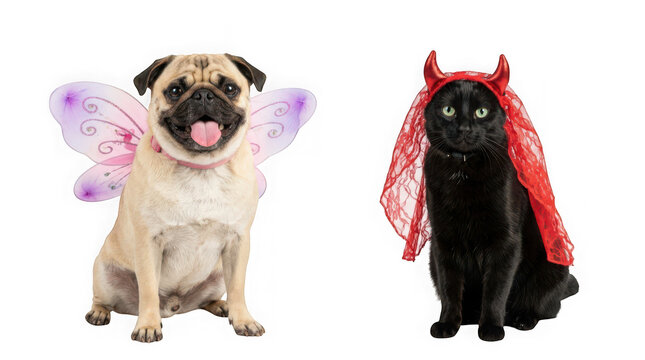 Cute pug dog wearing fairy wings and a black cat wearing devil horns and a red veil isolated on transparent background