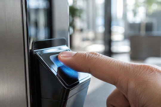 Close-up of a finger being scanned by a biometric fingerprint reader, representing secure authentication, identity verification, access control and digital security
