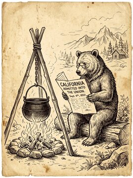 Vintage-style illustration of a grizzly bear sitting on a log by a campfire reading a newspaper titled California Admitted Into The Union 1850