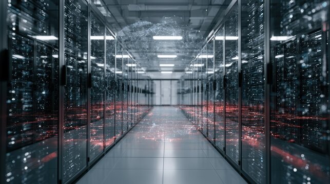 Shot of Corridor in Working Data Center Full of Rack Servers and Supercomputers with Internet connection Visualization Projection, technology, digital, futuristic, future,