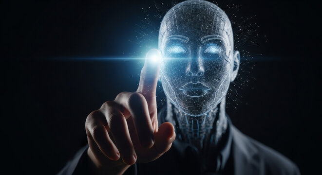 Futuristic artificial intelligence concept with digital wireframe humanoid face touching glowing virtual interface