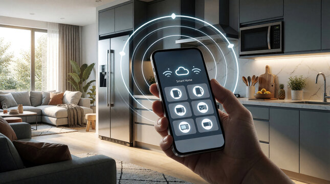 Modern apartment uses smart home tech. Person controls appliances via phone app, connecting house devices to wireless network. Future living automation provides comfort.