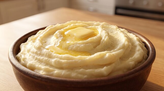 A creamy bowl of freshly prepared mashed potatoes topped with a melting golden butter pat