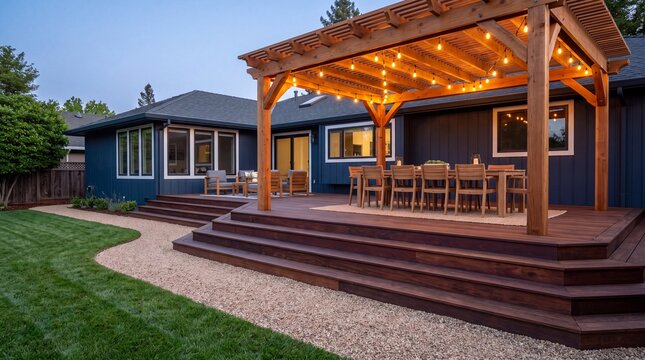 blue house backyard pergola with string lights over outdoor dining table