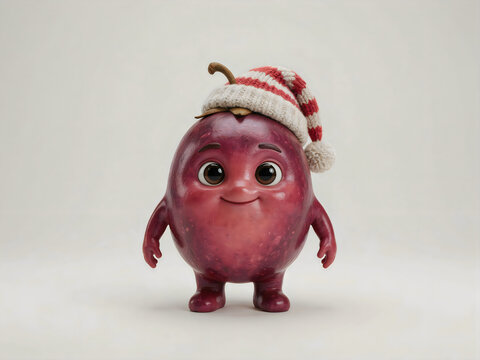 Cute purple fruit character wearing a striped winter hat