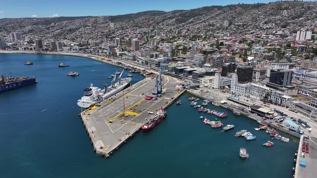Aerial view of container terminal operations at the Valpara&iacute;so Port in Chile, South America
