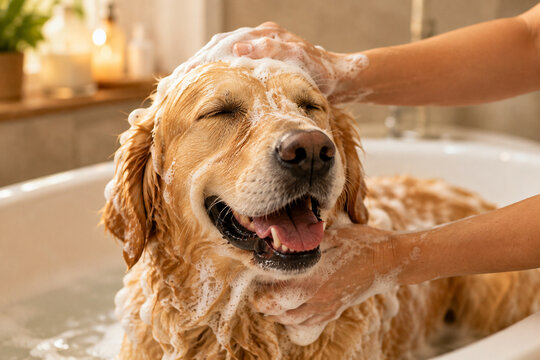 Golden retriever being washed with soap in bathtub at home