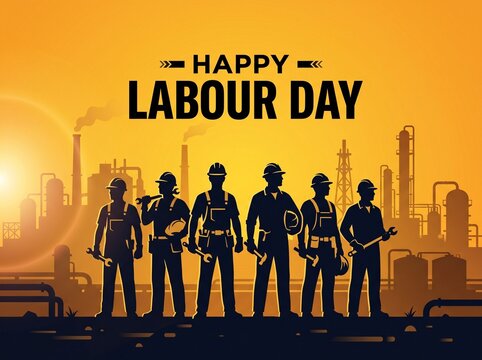 Happy Labour Day illustration featuring a group of workers in silhouette against a golden industrial factory background with pipes and smokestacks