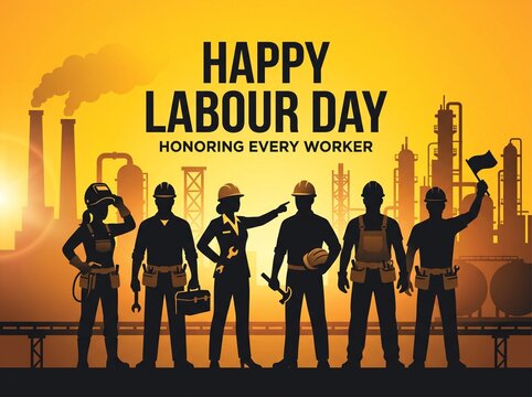 Happy Labour Day graphic featuring silhouettes of diverse workers in industrial attire against a sunset factory background, celebrating the contribution and dedication of the workforce.