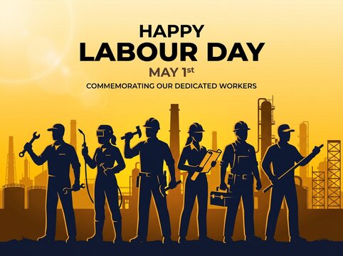 Happy Labour Day May 1st greeting card design featuring silhouettes of diverse industrial workers holding various tools against a warm sunset cityscape background with factory chimneys.