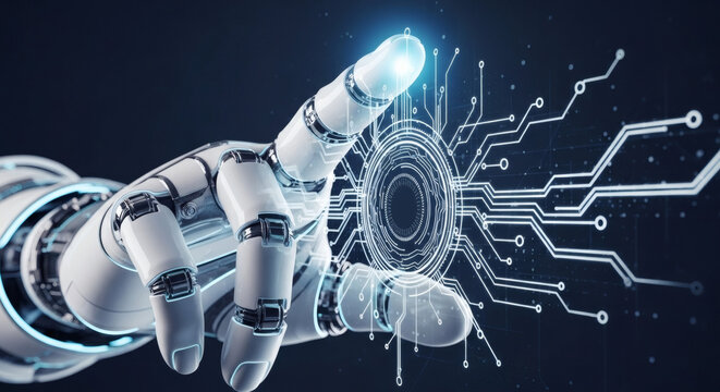 Futuristic Robotic Hand Touching Glowing Digital Circuit Interface and Artificial Intelligence Technology Network
