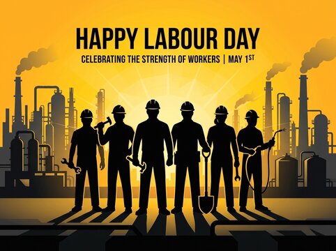 Happy Labour Day Illustration Featuring Silhouettes of Diverse Industrial Workers Standing Before a Factory Skyline at Sunset to Celebrate the Strength and Contribution of the Workforce on May 1st