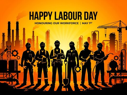 Happy Labour Day conceptual illustration featuring silhouettes of industrial workers, engineers, and construction personnel standing before a refinery skyline at sunset with text honoring the