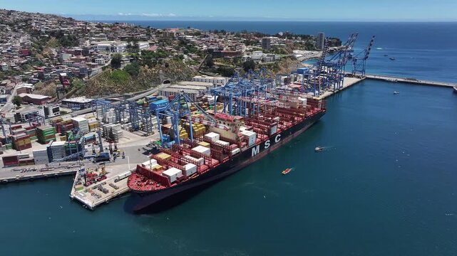 Aerial view of container terminal operations at the Valpara&iacute;so Port in Chile, South America