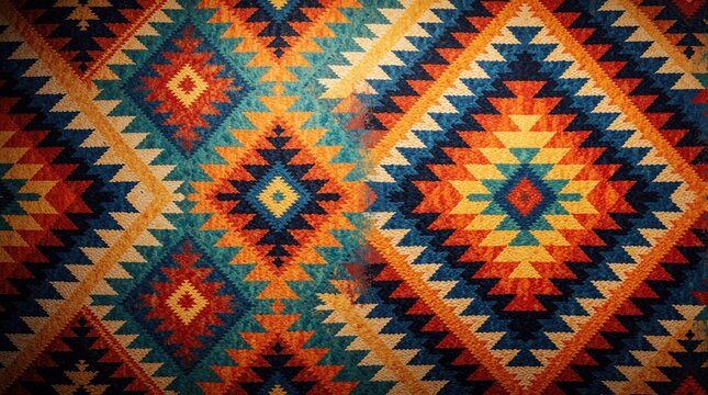 Colorful Navajo textile pattern features geometric shapes and tribal designs. This woven rug displays diamonds and zigzags in blue, orange, yellow, and red hues, suggesting tradition.
