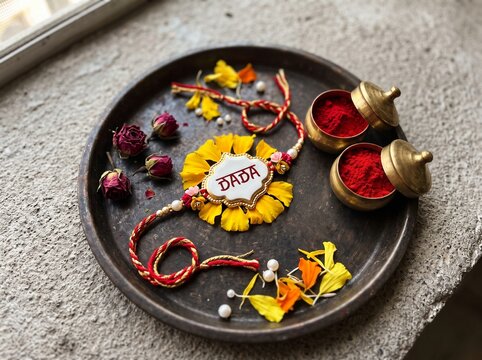A traditional Rakhi ceremony plate featuring a decorative 'BABA' inscribed rakhi, vermilion powder in small brass containers, and marigold flower petals on a dark rustic background.